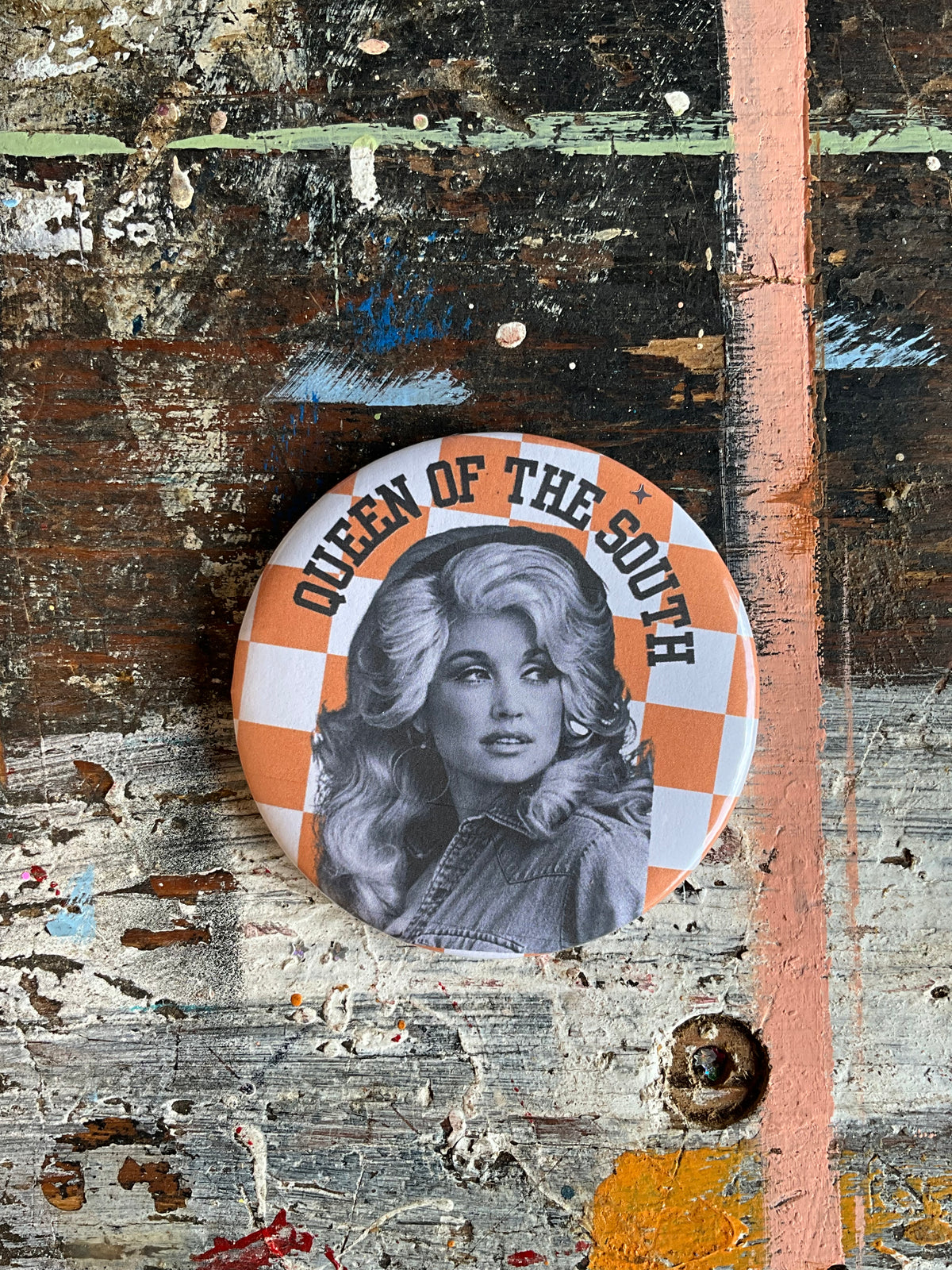 "QUEEN OF THE SOUTH" orange/white check Dolly button