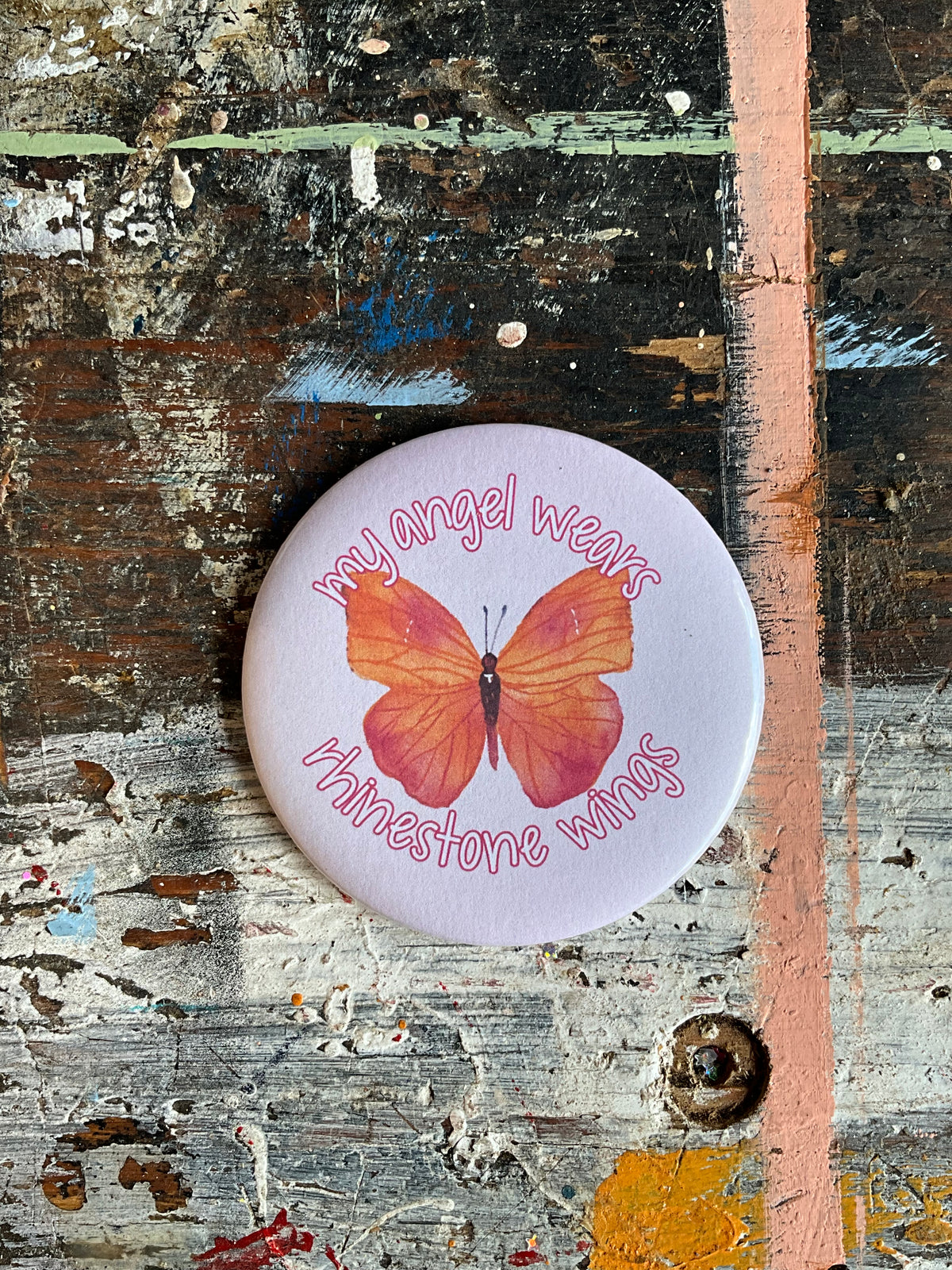 "My angel wears rhinestone wings" Dolly button