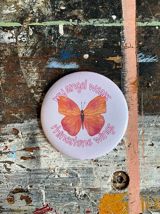 "My angel wears rhinestone wings" Dolly button