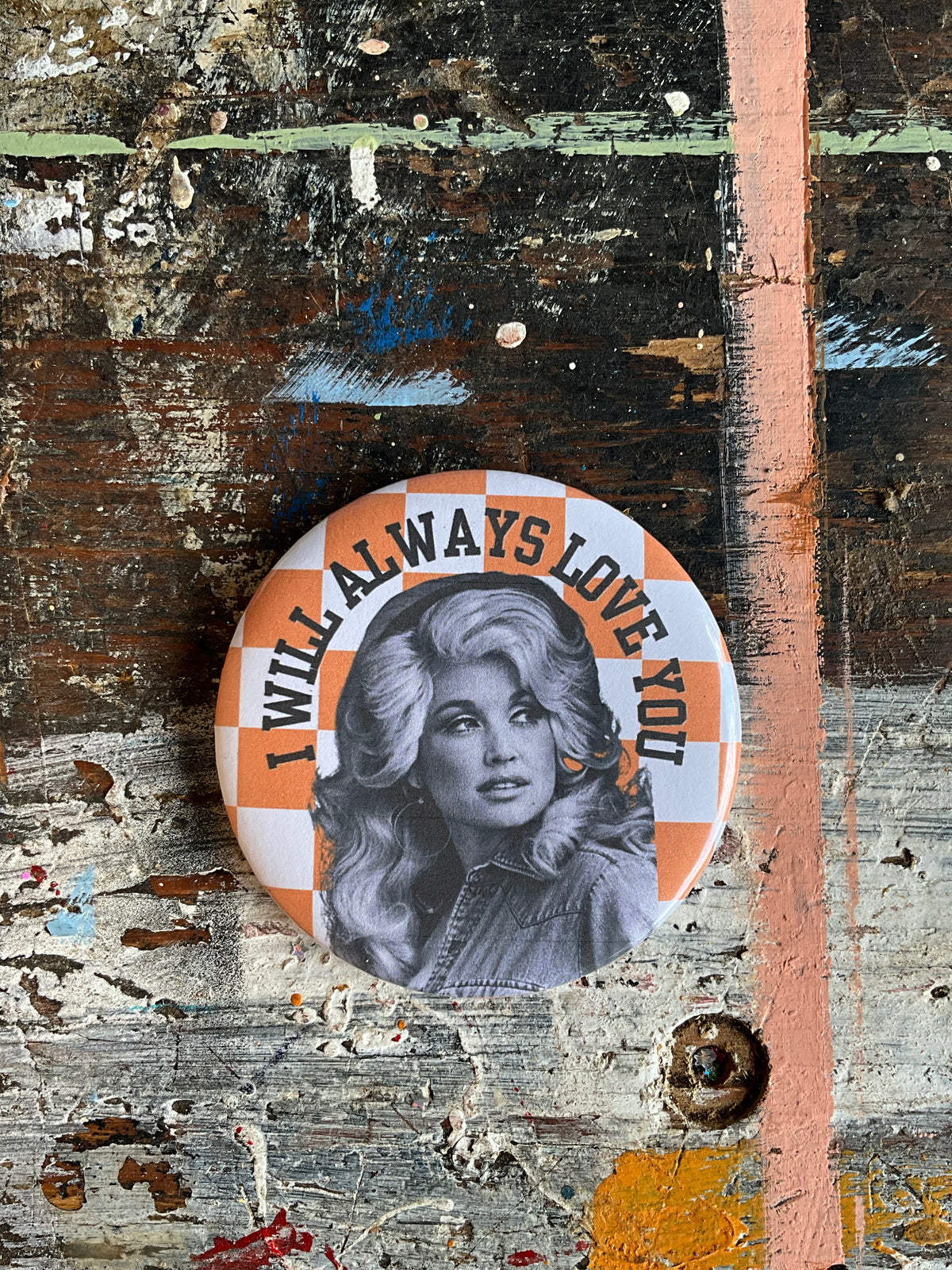 "I WILL ALWAYS LOVE YOU" orange/white check Dolly button