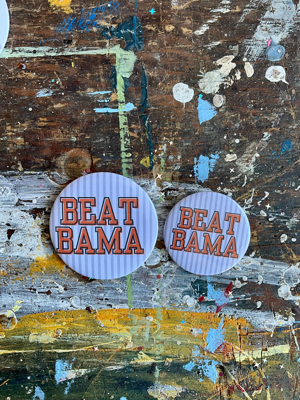 "BEAT BAMA" gray/white stripe button