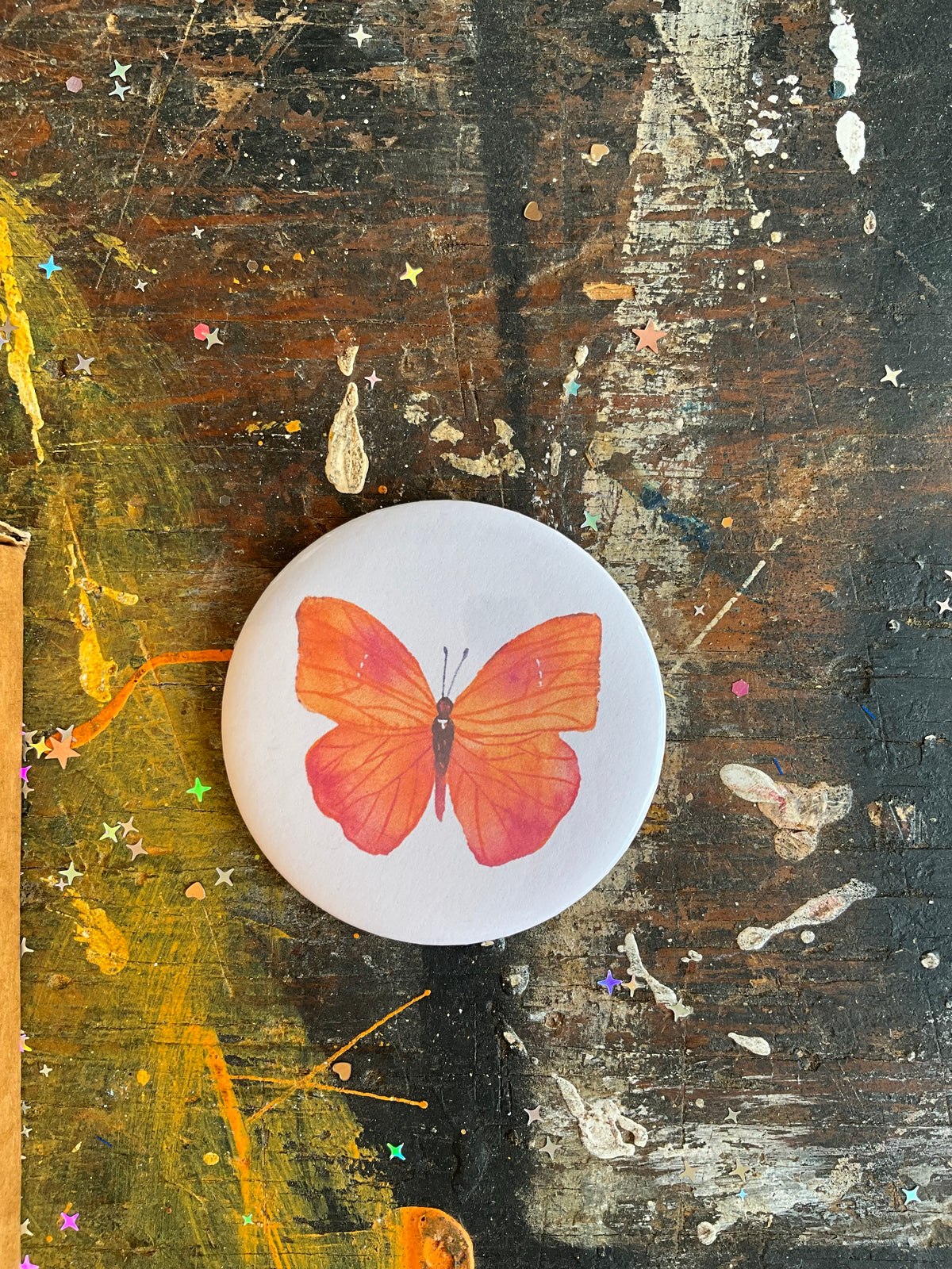 Orange butterfly on white Dolly button